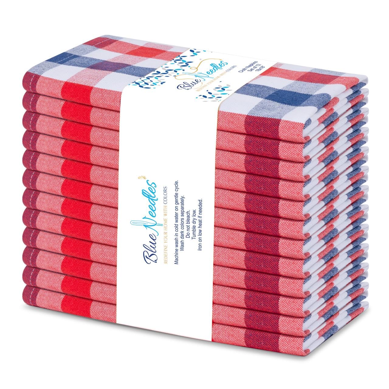 Blue Needles Buffalo Plaid Red Blue White Dinner Napkins - 100% Cotton 4th of July Set of 12 Gingham Check Dinner Napkin 18x18 inches Mitered Corners Patriotic Decor Tabletop Collection Buffet Dining
