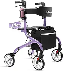 Andador rolante superleve para idosos, andador dobrável com assento e rodas de borracha de 20 cm para todos os terrenos, botão de ajuste de altura atualizado com suporte de copo, roxo