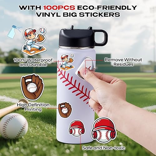 Miniatura 4 de Botellas de agua de béisbol para niños de 18 onzas y 100 calcomanías de béisbol deportivas aisladas de acero inoxidable, accesorios de béisbol,