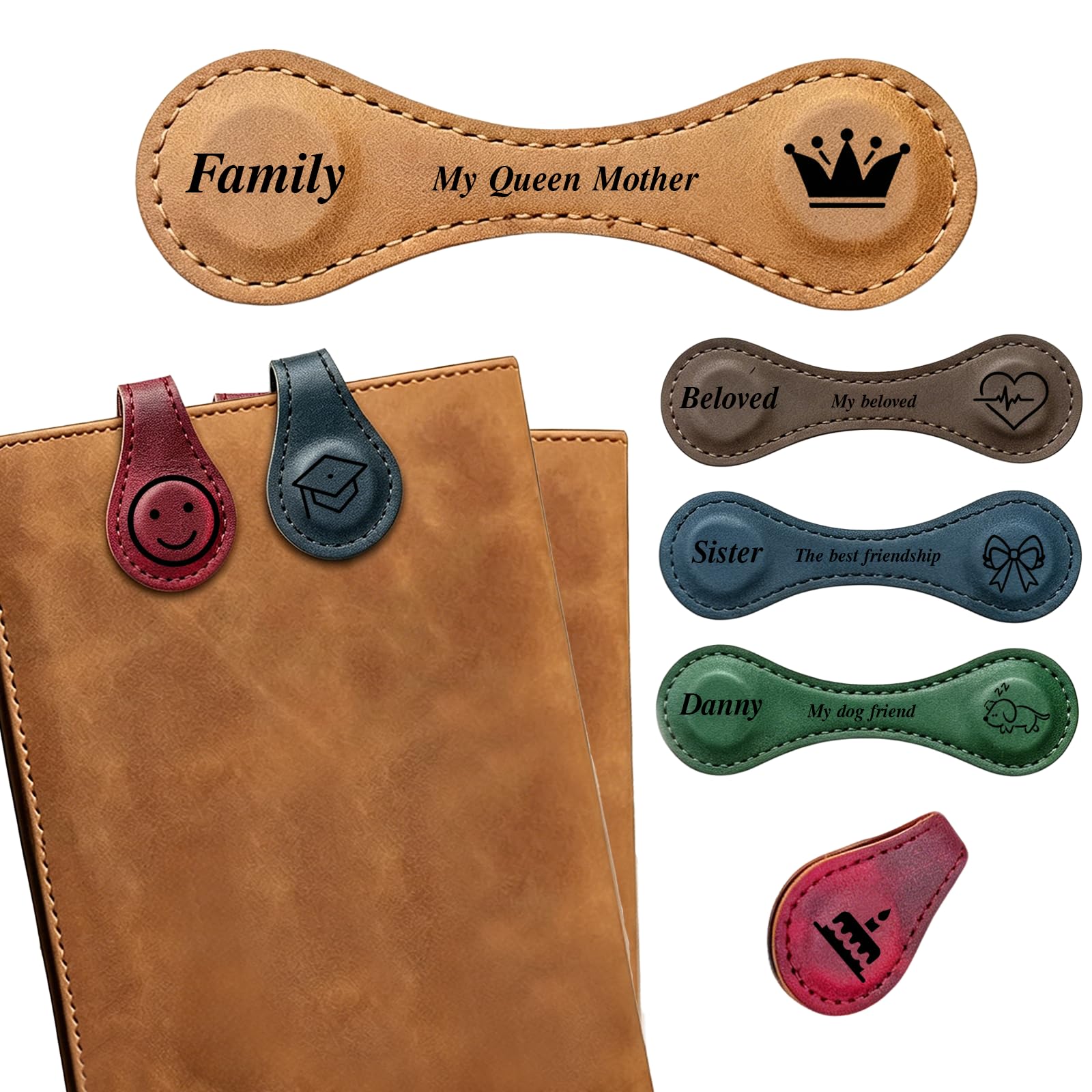 Mccxva Personalized Leather Magnetic Bookmarks with Name Icon Custom Bookmarks for Woman Adults Vintage Book Marks for Reading Ideal Gifts for Book Lover Readers Teacher Classmate Man Friends (2PCS)