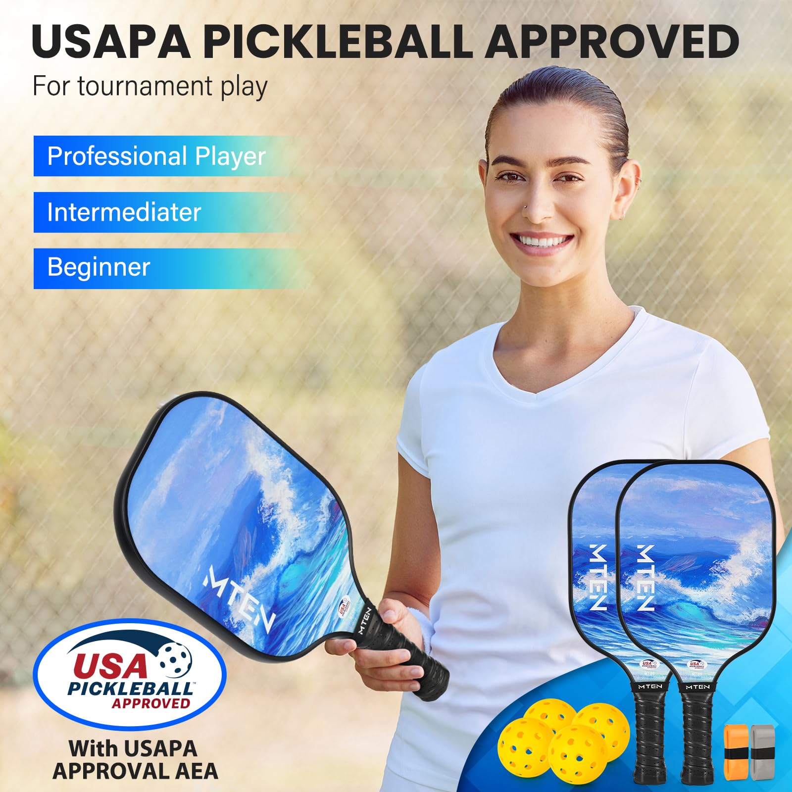 Pickleball Paddles, Pickleball Paddles Set of 2, USAPA Approved Fiberglass Surface Pickle Ball Set, 2 Paddle, 4 Balls, 1 Portable Carry Bag, Pickle Ball Paddle Set ​for Men Women