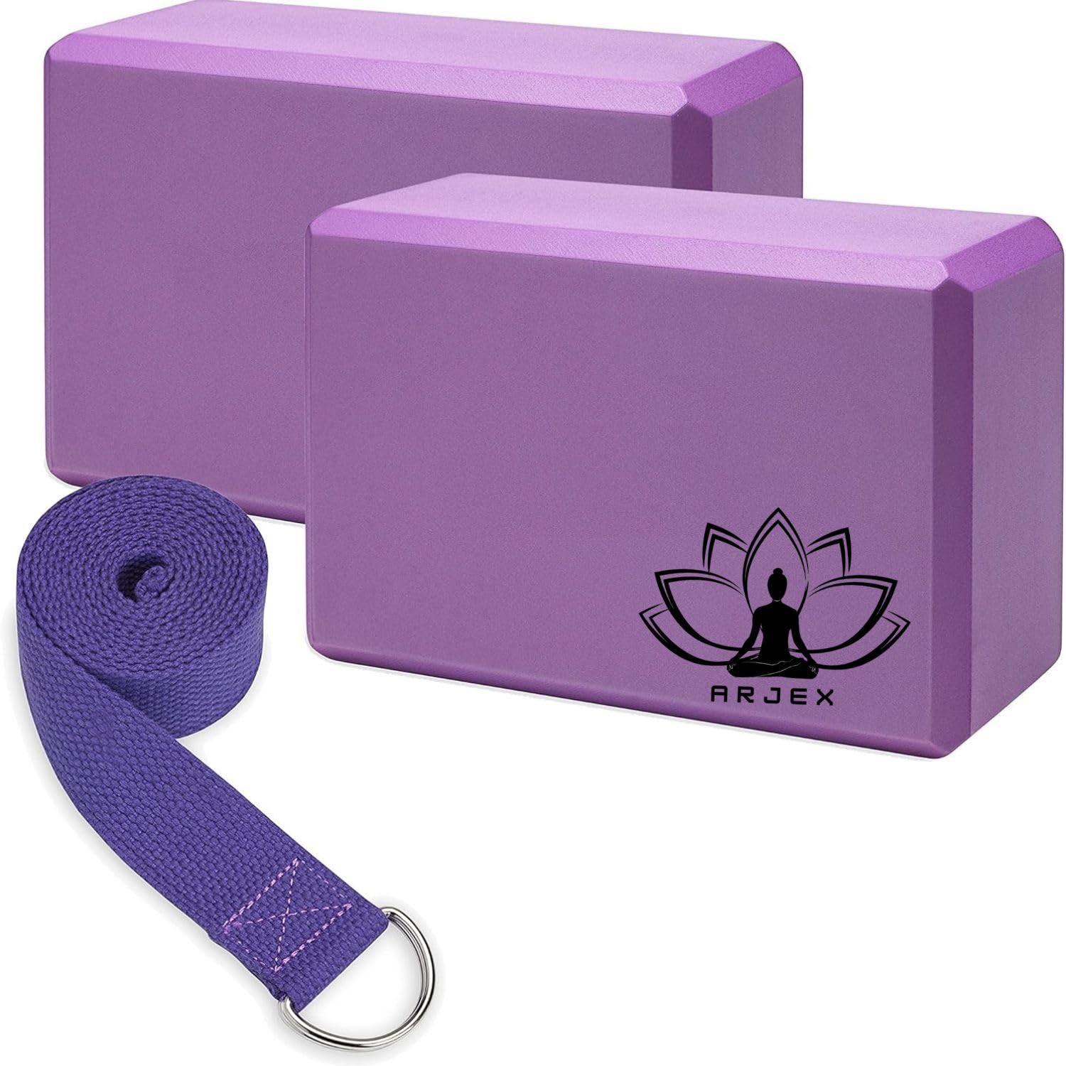 ARJEX Yoga Block Set of 2 And Strap Set- Supportive Latex-Free Eva Foam - Soft Non-Slip Surface with Beveled Edges for Yoga, Pilates, Meditation - Yoga Accessories for Stability, Balance (Multicolour) (Yoga Block & Strap, 9×6×4 in)-picture-23