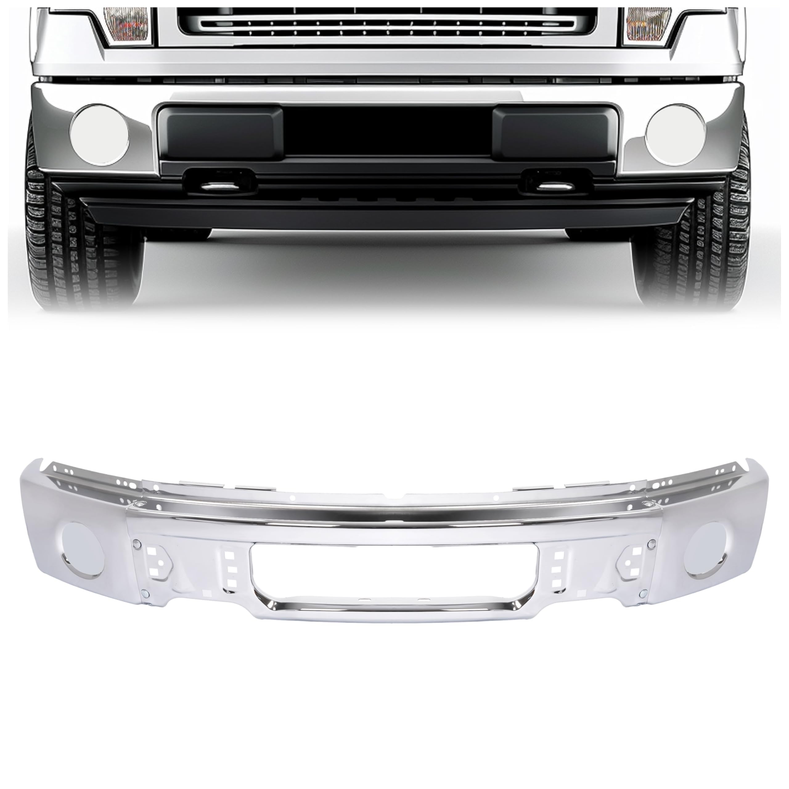 HECASA 3Pcs Front Bumper Face Bar Compatible with 2009-2014 Ford F150 Replacement for 9L3Z17757A FO1002412 Chrome w/o Fog Light Holes Steel Unassembled