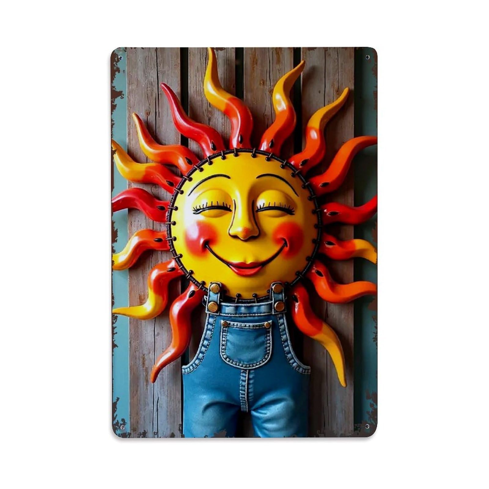 Jdfenggu Vintage Smiling Sun Wearing Blue Overalls Retro Metal Tin Sign, Metal Poster For Bar, Home, Man Cave, Kitchen, Laundry Room Art Decor 8X12 Inch