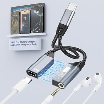 Magnetic USB C to 3.5mm Headphone and Charger Adapter,2 in 1 USB C to Aux Audio Jack with PD 60W Fast Charging for Stereo, Earphones,Type C Aux Cord Compatible with iPhone 16/15/ Galaxy S25/S24/S23