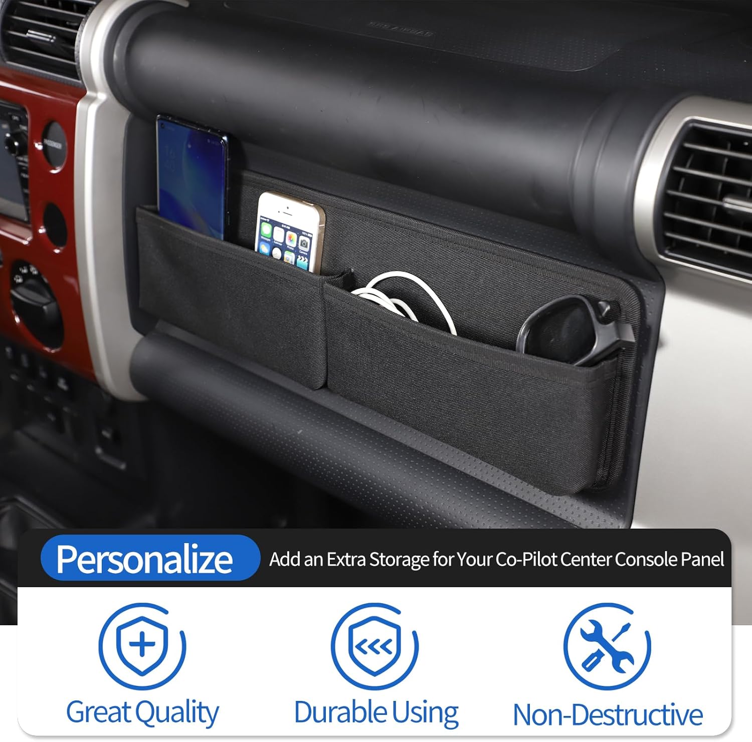 Passenger Storage Tray Organizer, Co-Pilot Center Console Organizer Storage Bag Fit for Toyot@ FJ Cruiser 2007-2021, Portable Auto car Organizer Accessories, Black