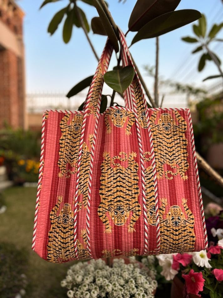 Image of YILLE Cotton Quilted Floral & Tiger Print Tote Bag, 18 x 18 inches For Grocery Shopping, Travel