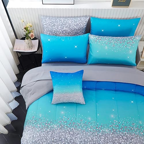 Miniatura 4 de inron Juego de ropa de cama de 4 piezas con degradado aguamarina para niñas, tamaño individual, con purpurina aguamarina para todas las estaciones,