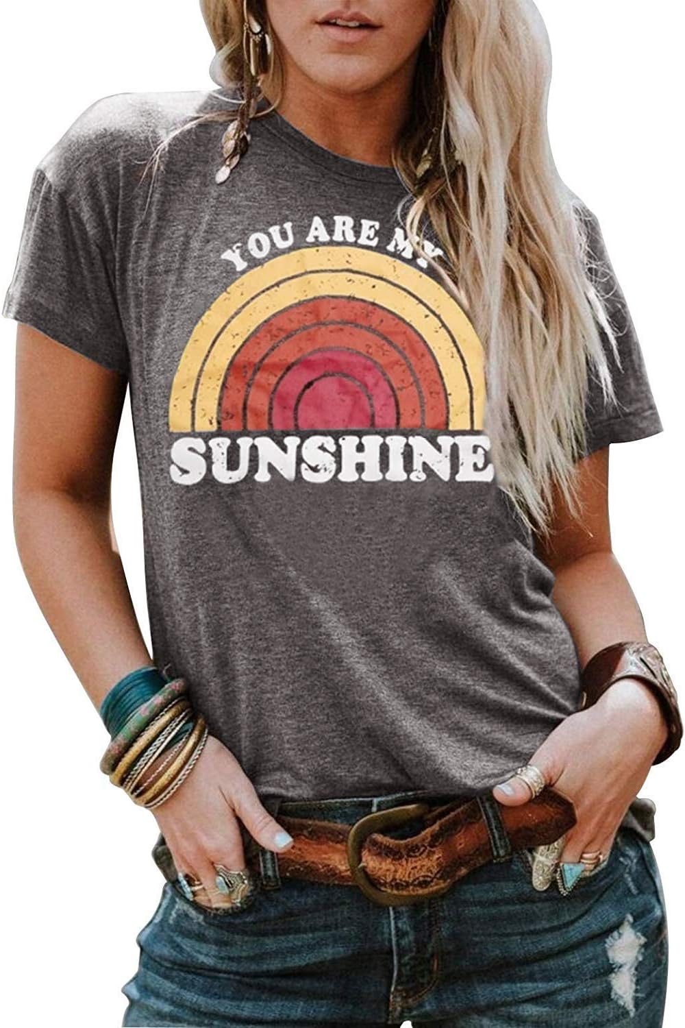 Short Sleeve T Shirt for Women Teen Girls Rainbow Graphic Tees Casual Vintage Print O Neck Tee Shirt Blouse Tops (Large, Grey)