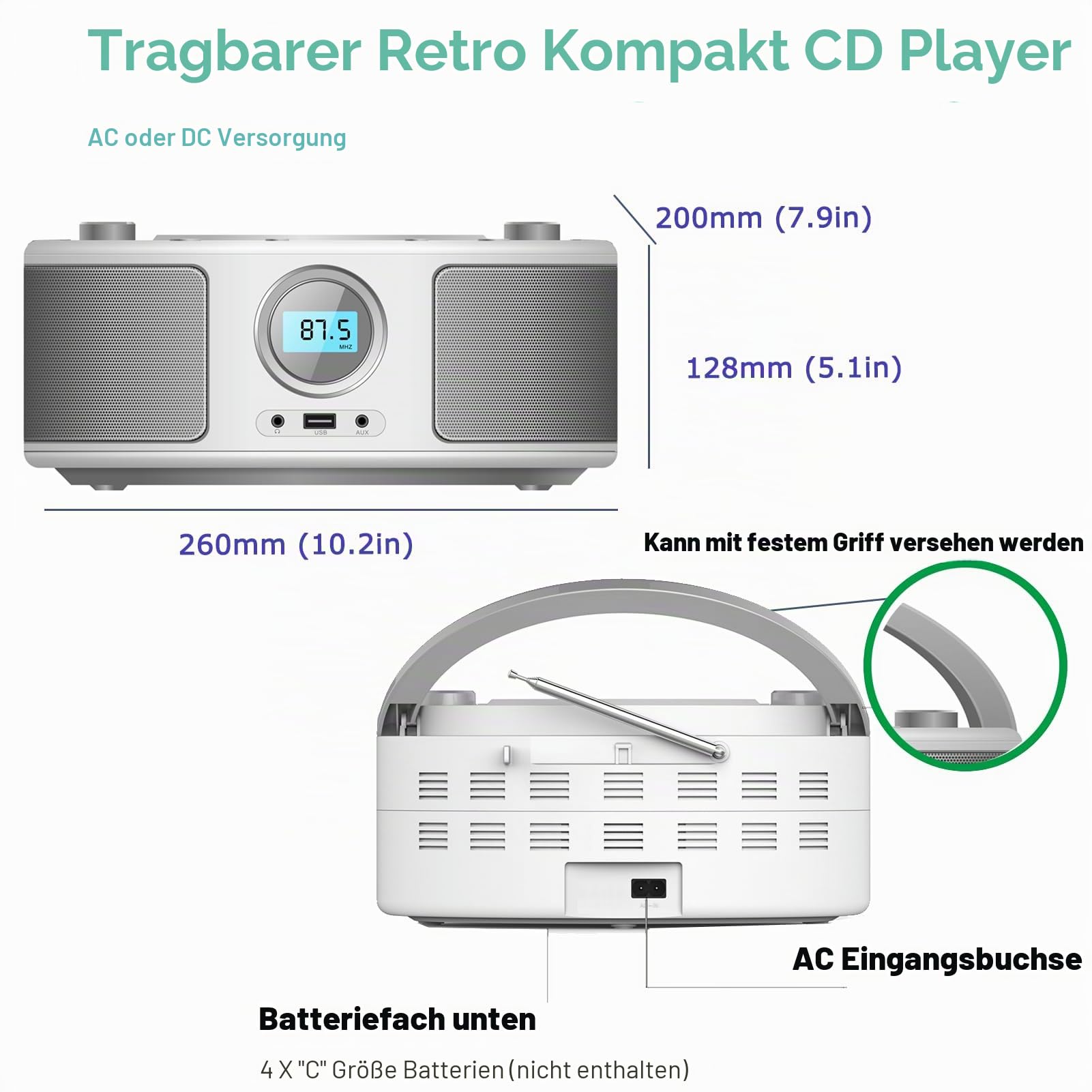 Tragbar CD Radio Boombox mit Bluetooth (CD-Player, Fernsteuerung, Bluetooth, UKW Radio, USB, AUX-In, 2 x 2 Watt RMS),Radio mit CD Player Stereoanlage