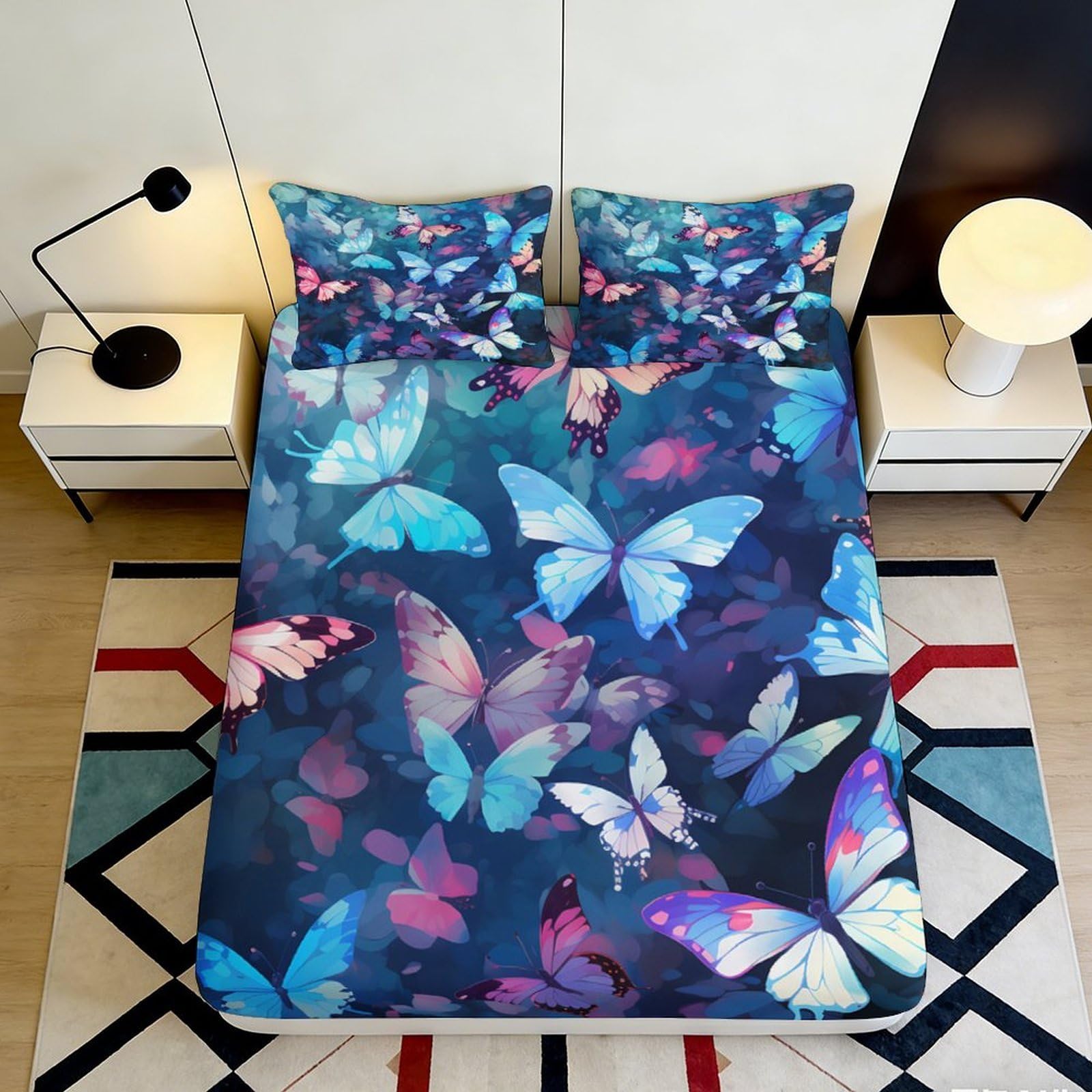3D Printed Blue Butterfly Fitted Sheet Microfiber Soft Bedroom Decor Colorful Moth Mattress Cover for Home Dorm 90x200x25cm