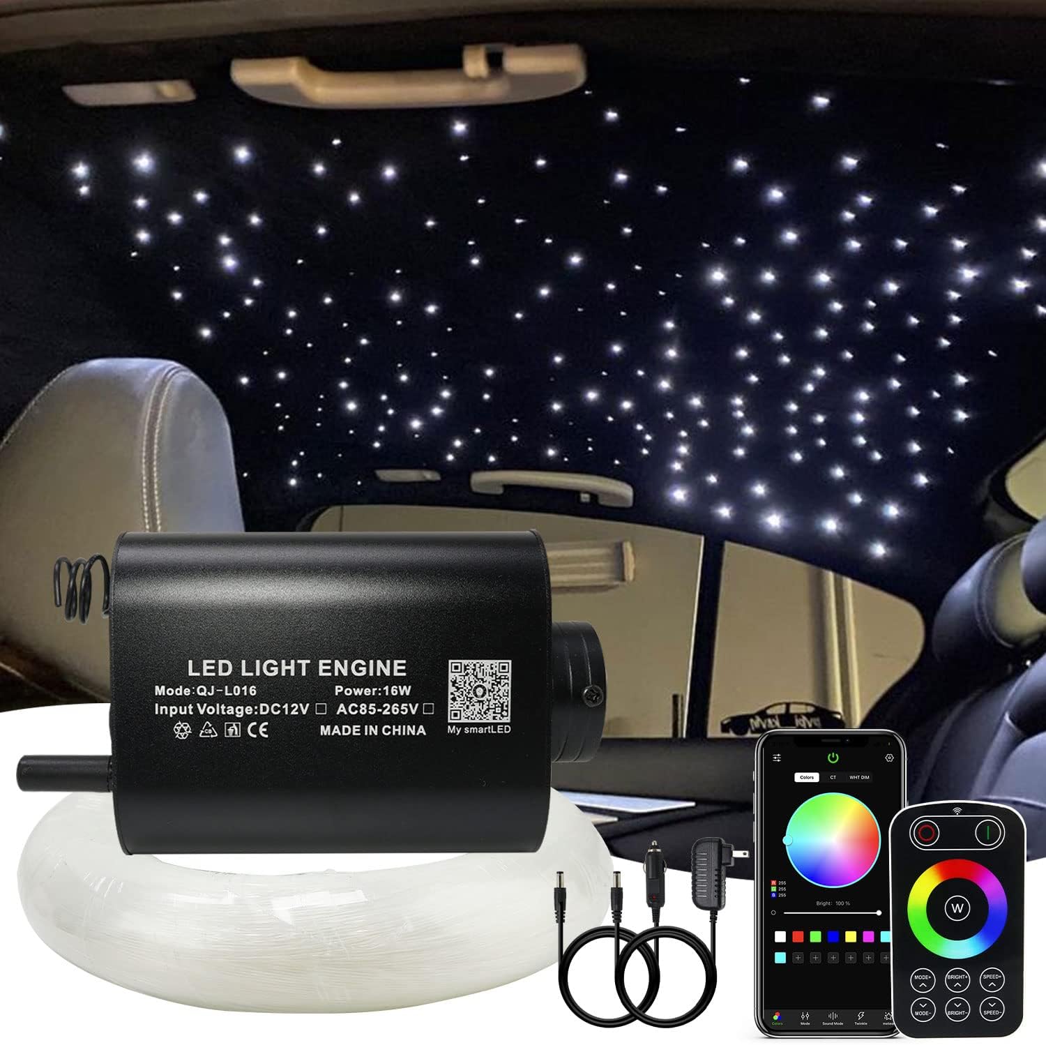 AMKI APP/Bluetooth 16W Fiber Optic Star Ceiling Light Kit 150pcs 0.03in 6.5ft Cables, 2.4G Touch Panel Remote Control Sound Activated RGBW LED Starlight Headliner for Car Home Ceiling Decor