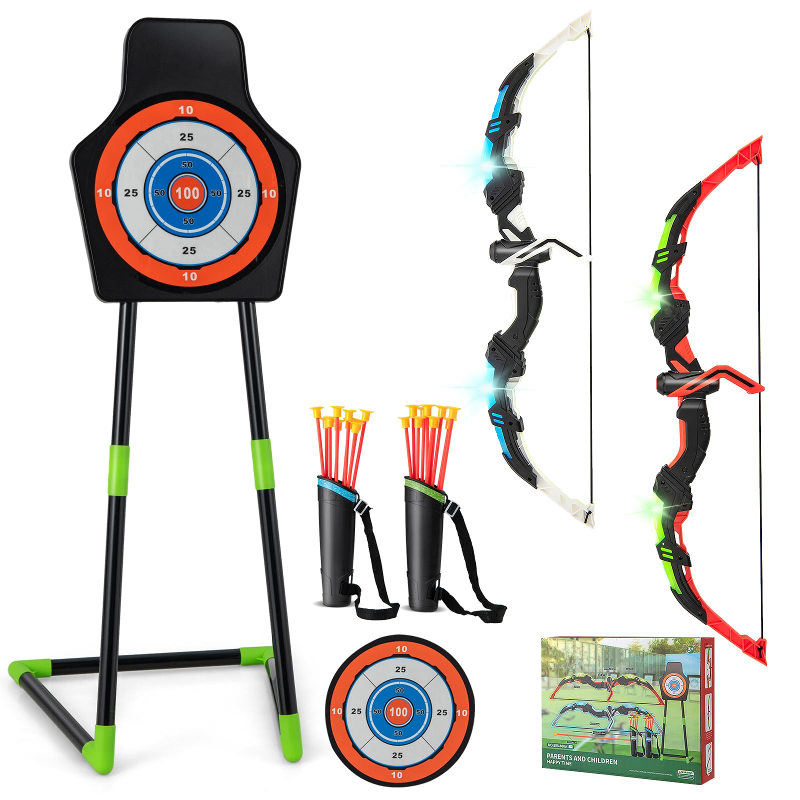 GYMAX 2 Pack Bow and Arrow Set for Kids, LED Light Up Archery Toy Set with 20 Suction Cup Arrows, 2 Quivers, Standing/Hanging Target, Outdoor Toys Gifts for Boys Girls Aged 3+
