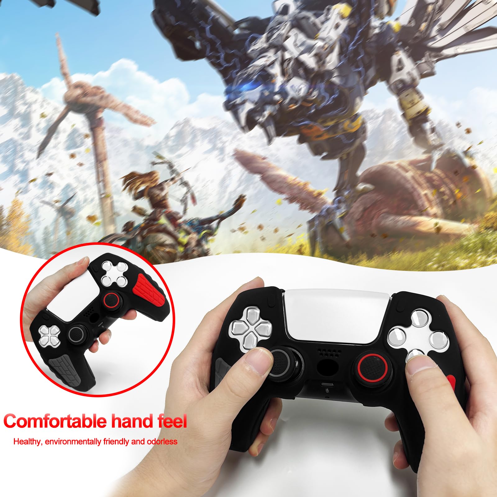 Funda protectora antideslizante de silicona para PS5, diseño de araña negra y suave, compatible con mando PS5/Slim/Pro con 2 tapas de agarre para el pulgar, protectores de joystick, calcomanía