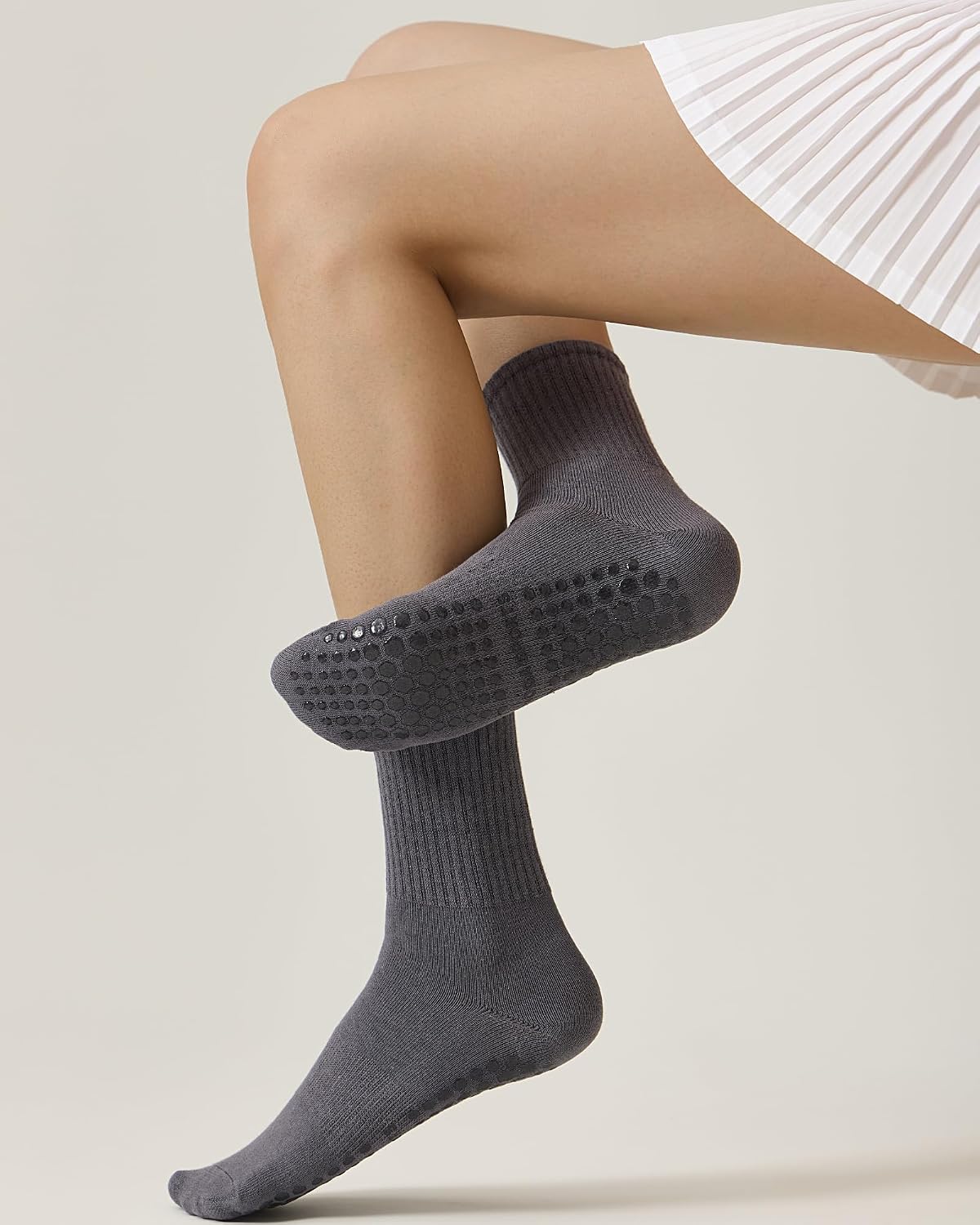 Pilates Socks with Grips for Women Grippy Non Slip Crew Socks for Yoga Barre Hospital Solid 3 Pairs