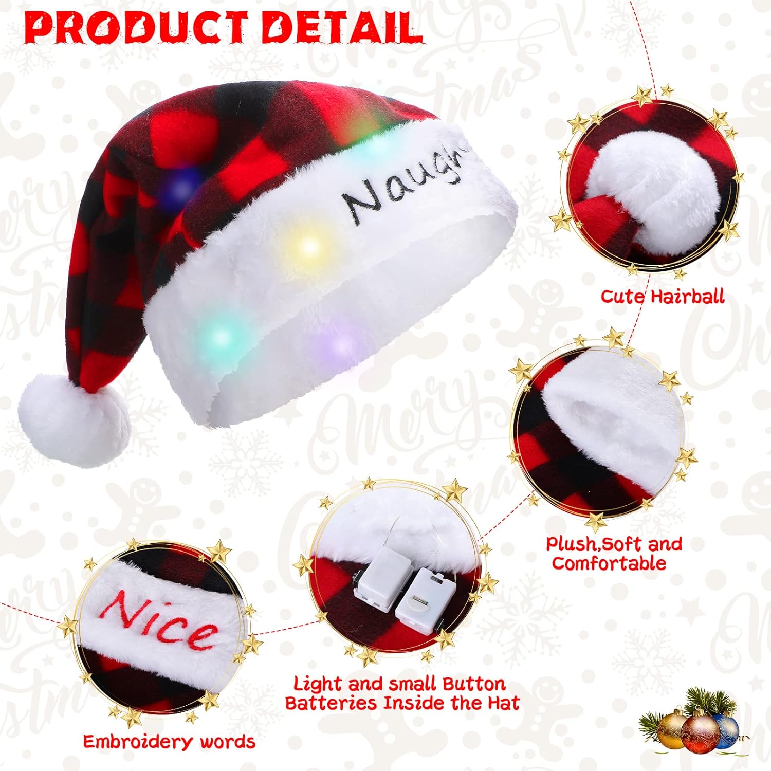 Kathfly 2 Pcs Naughty and Nice Christmas Santa Hats Light up Plush Santa Hat Green and Red Plaid LED Xmas Holiday Hats(Red, Black)