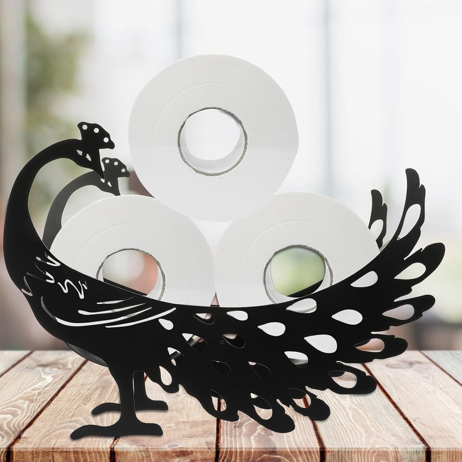 Metal Peacock-Shaped Standing Toilet Paper Holder with Storage Shelf Space-Saving Roll Paper Organizer for Bathroom Kitchen Living Stable Metal Construction Smooth Surface Black