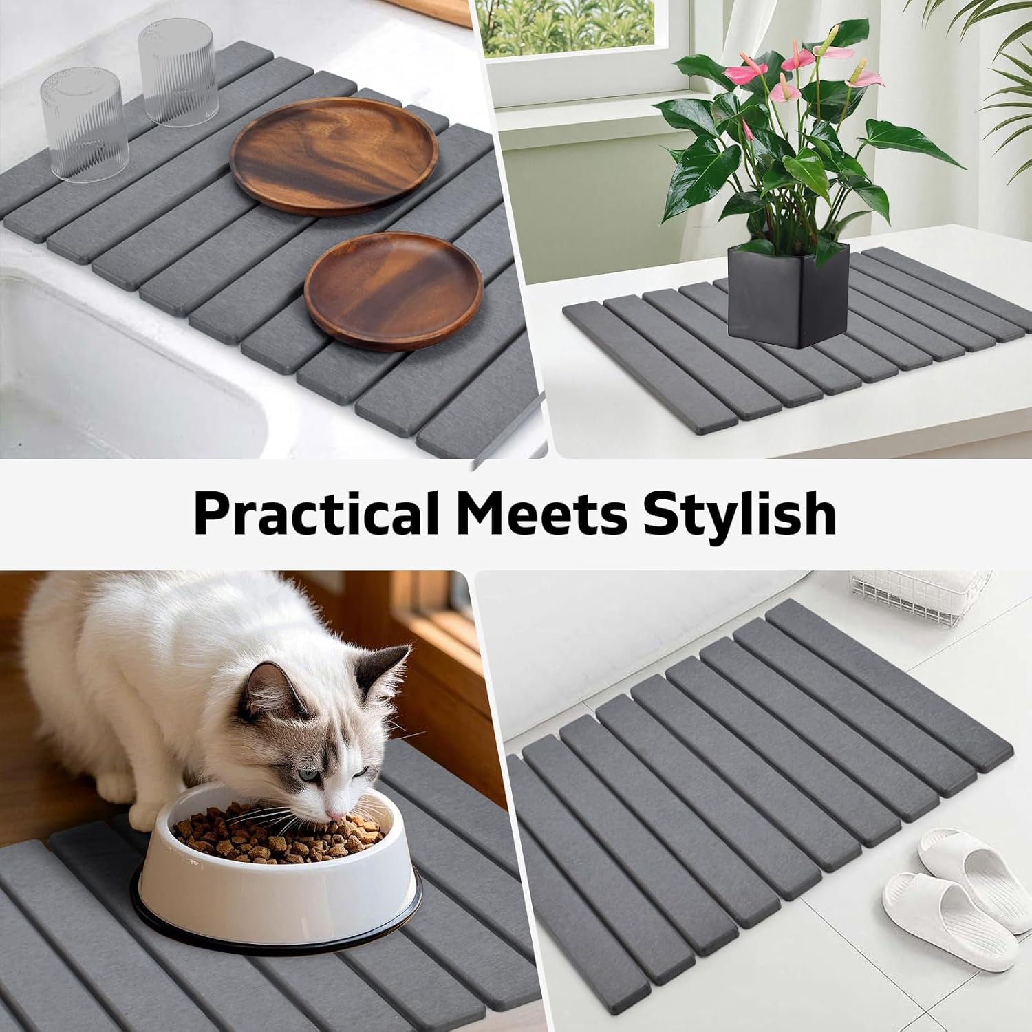 Large Stone Dish Drying Mats for Kitchen Counter, 24"(L)×16"(W), Drying Collapsible Dish Drying Mat, Eco-Friendly Absorbent Diatomaceous Earth Mats for Dishes Bottles Cups - Dark Grey