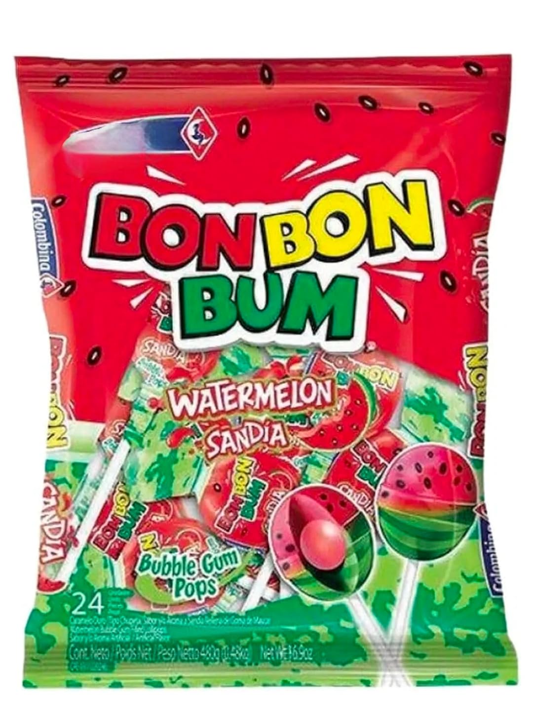 Colombina Bon Bon Bum Watermelon Lollipops with Bubble Gum Centre, Fruity Hard Candy + Chewy Surprise, Gluten Free + Loved by All Ages, Great for Party Bags, 24 Pack