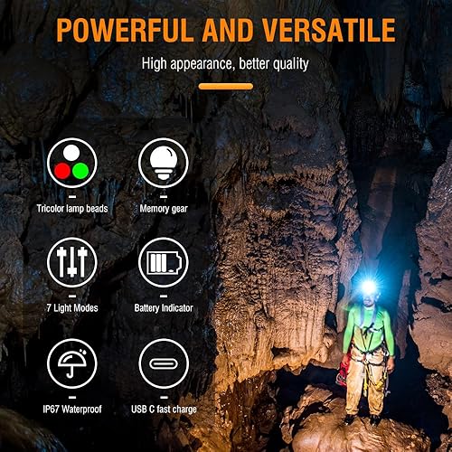 Miniatura 2 de BORUIT HP360 - Linterna frontal recargable (rojo y verde), 7 modos, lámpara de cabeza súper brillante, luces de cabeza de ángulo de 180 para frente,