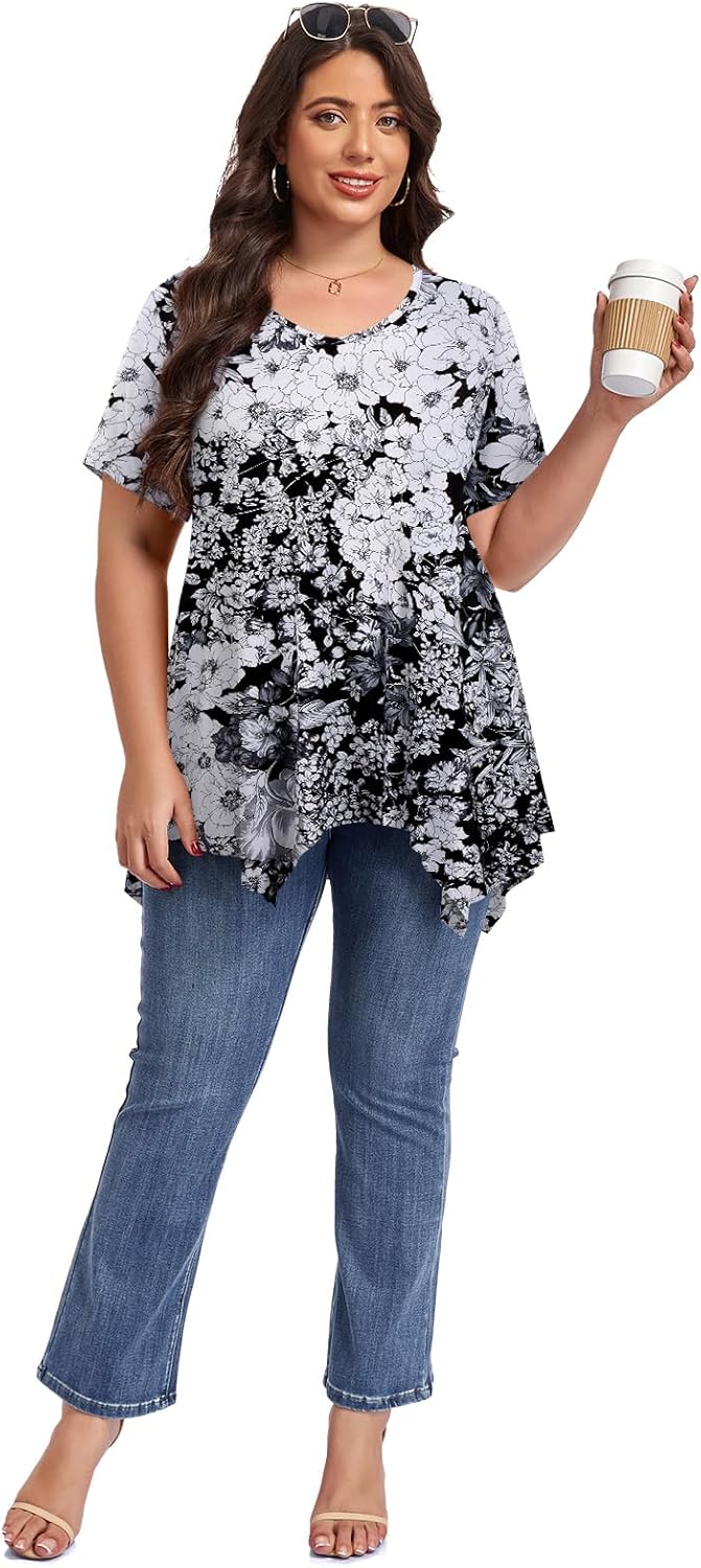 LARACE Plus Size Tops for Womens Summer Clothes Short Sleeve Shirts Casual V Neck Tunic Asymmetrical Blouses - Image 5