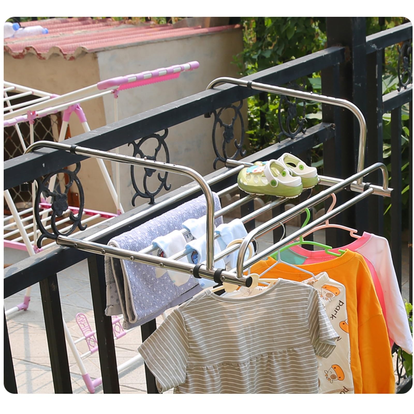 Verstellbare faltbare Wäscheleine aus Edelstahl für Balkon/Heizkörper/Wandbehang (60 cm/70 cm/80 cm), langlebige hängende Wäscheleine für Balkongeländer, keine schwarze Farboption erhältlich