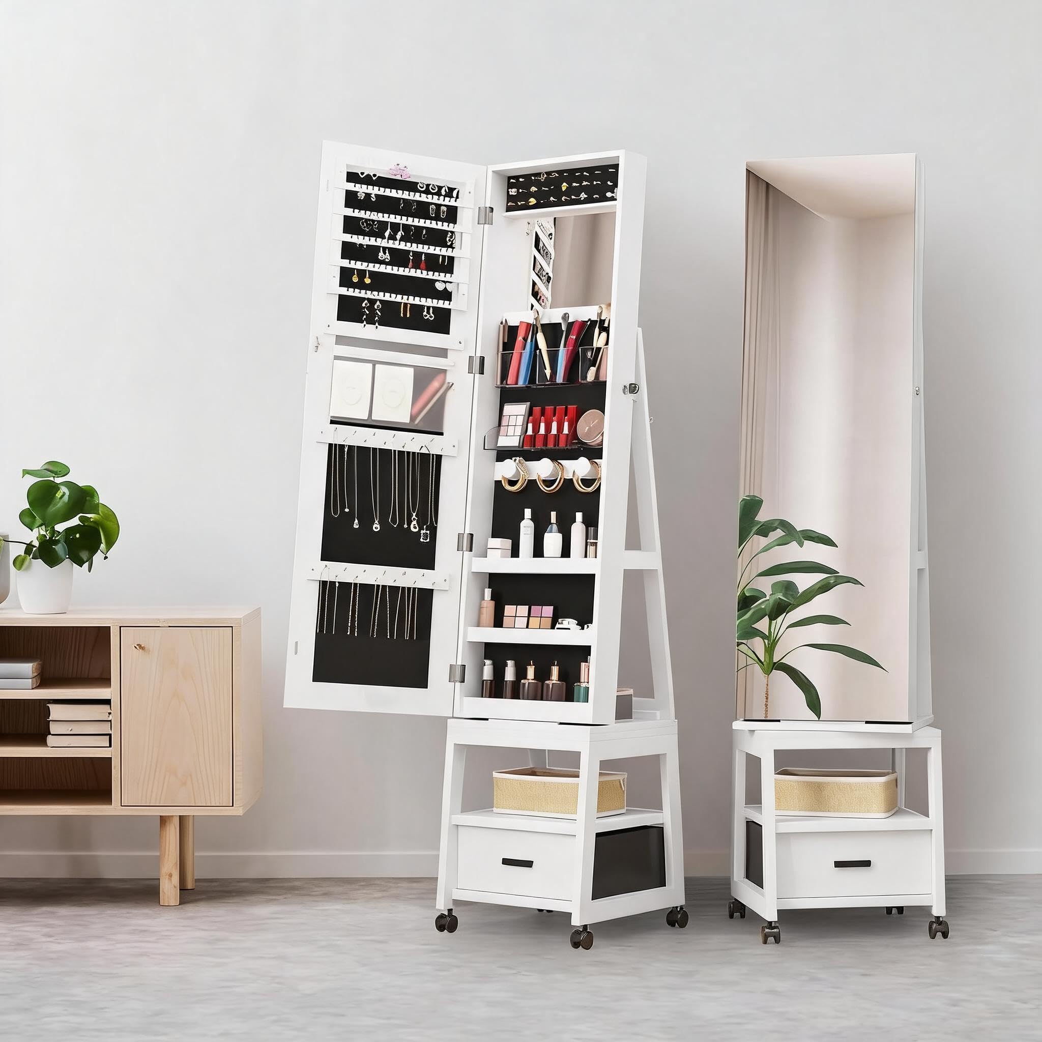 Mirror Jewellery Cabinet, 360° Swivel Jewelry Armoire with Full Length Mirror, Lockable Rotating Jewellery Organiser Cabinet on Wheels, Standing Makeup Vanity with Rear Storage Shelves & Drawers
