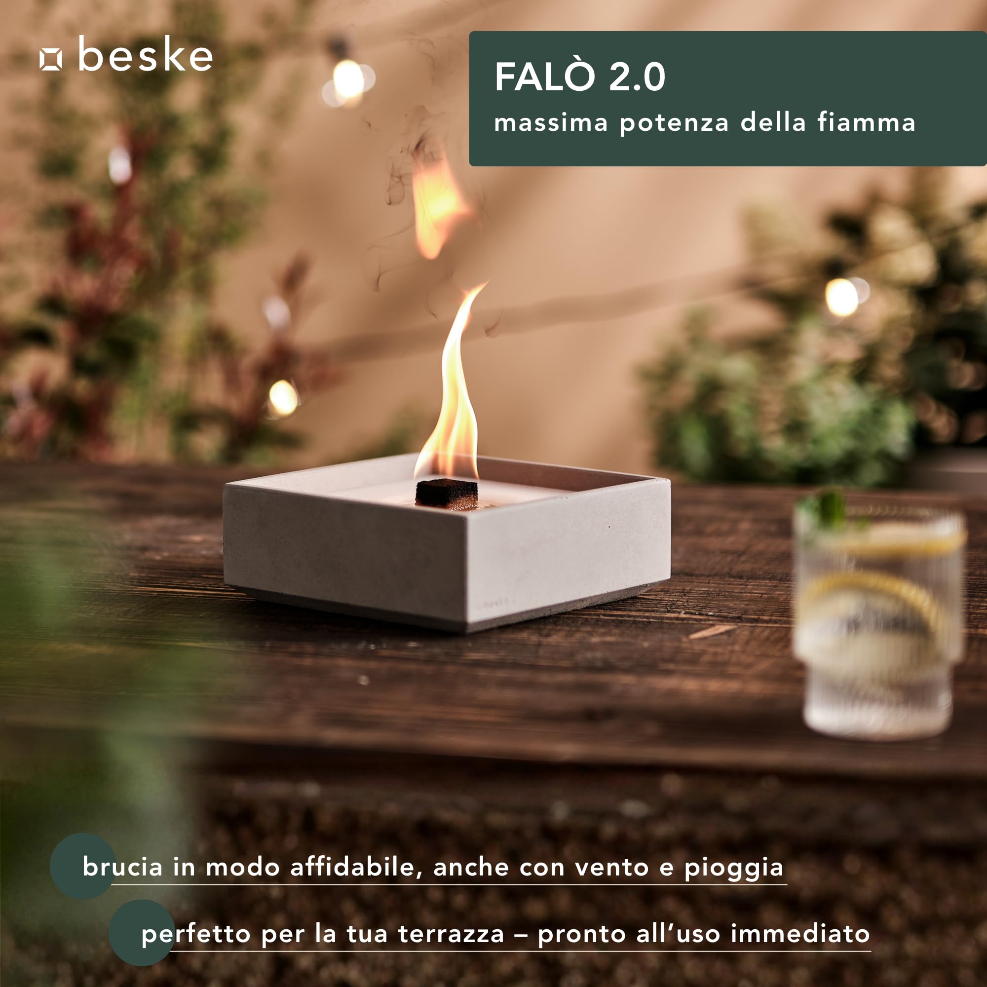 Torcia decorativa da esterno in cemento | Braciere da tavolo con stoppino permanente, durata illimitata | Per giardino e terrazza | Made in Germany (Meru-L (17x17x6,5 cm))