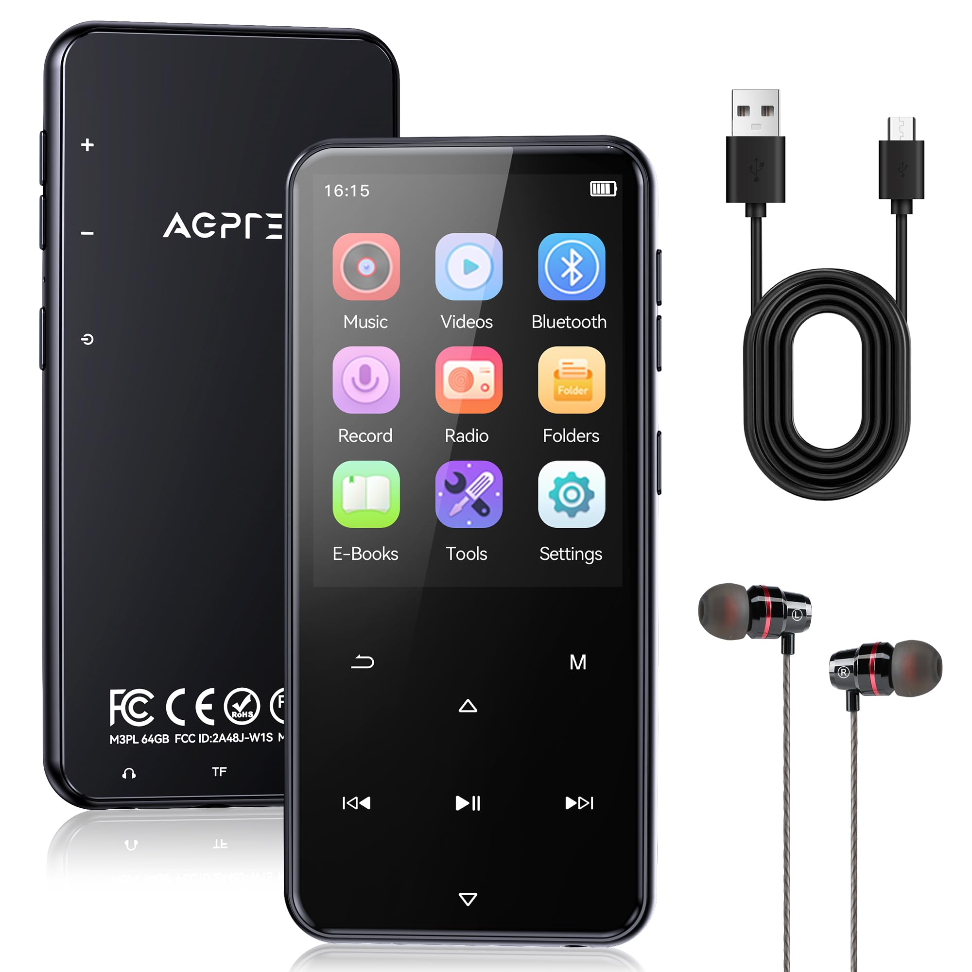 AGPTEK 64Go MP3 Bluetooth avec Haut-Parleur, 2.4" Grand Écran Lecteur MP3 en Métal Qualité Sonore HiFi Audio MP4 Baladeur Sport de Bouton Tactile Radio FM Podomètre Enregistreur 60H de Musique-Noir