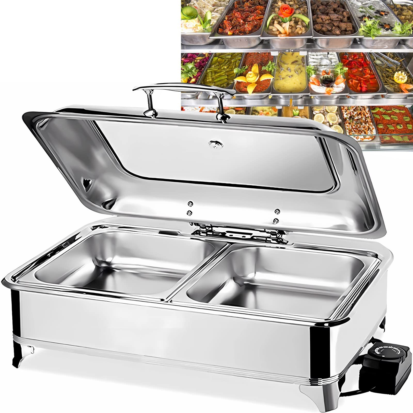 Chafing Dish Elettrico 9L Scaldavivande Professionale per Buffet, Chafing Dish in Acciaio Inox con on Coperchio in Vetro Trasparente per Buffet, Feste e Banchetti, Temperatura Regolabile