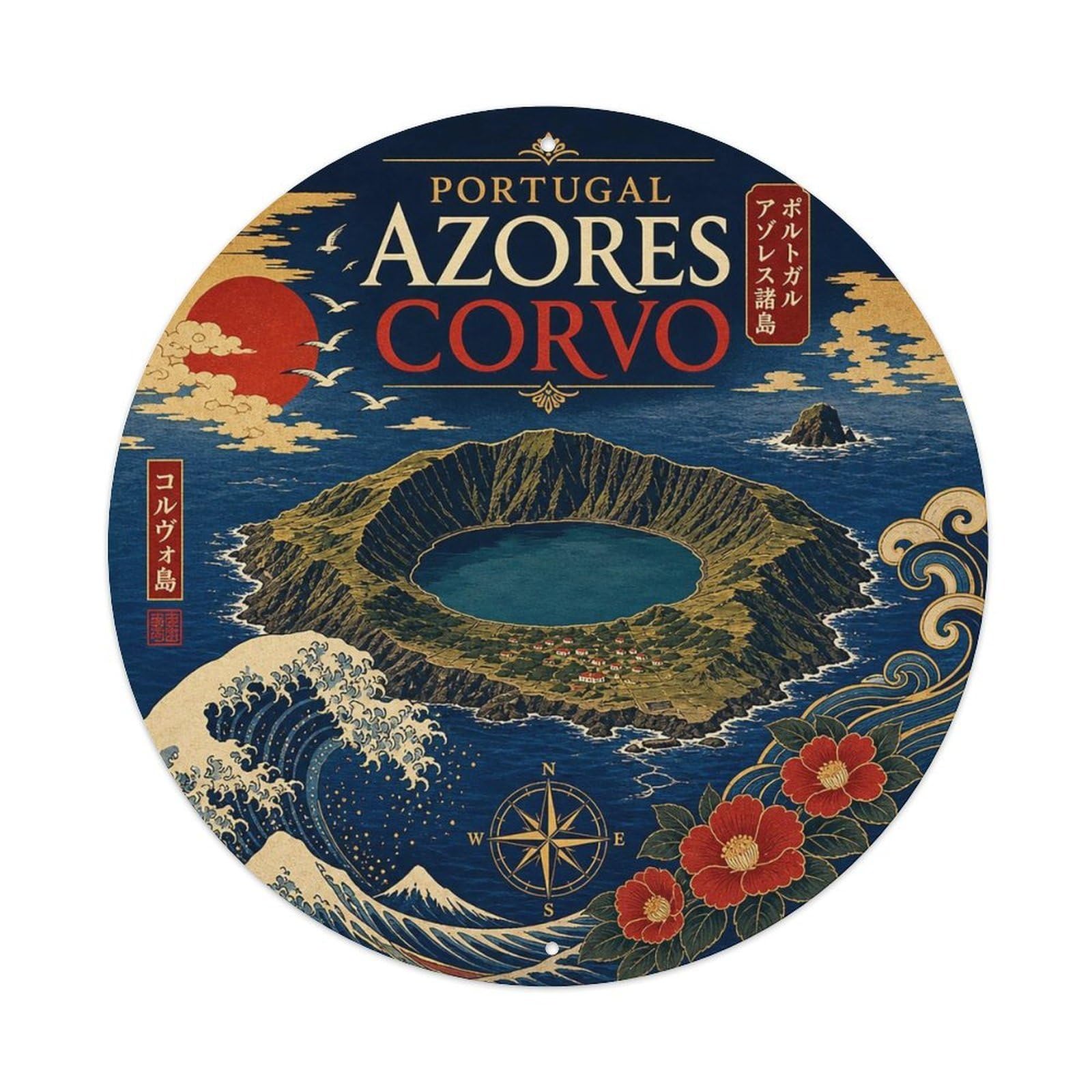 Azores Corvo Portuguese Woodblock Travel Landmark Metal Tin Sign