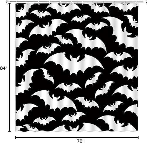 Miniatura 9 de Juego de cortina de ducha de murciélagos espeluznantes de Halloween, diseño gótico de terror en blanco y negro, juego de decoración de baño con
