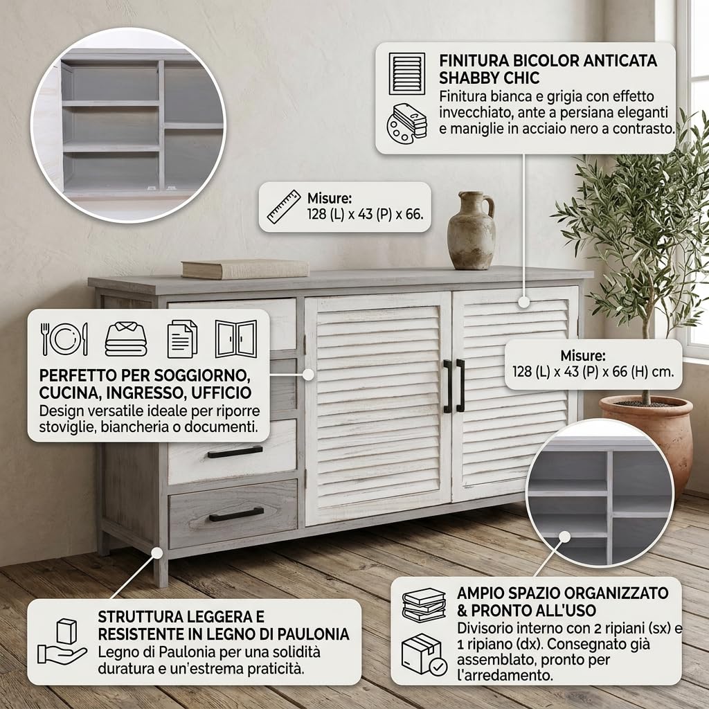DiKasa Credenza Bicolor in Legno di Paulonia Bianco e Grigio Anticato con 4 Cassetti e 2 Ante a Persiana, Mobile Contenitore per Soggiorno Cucina Ingresso Stile Shabby Chic 128x43x66 cm