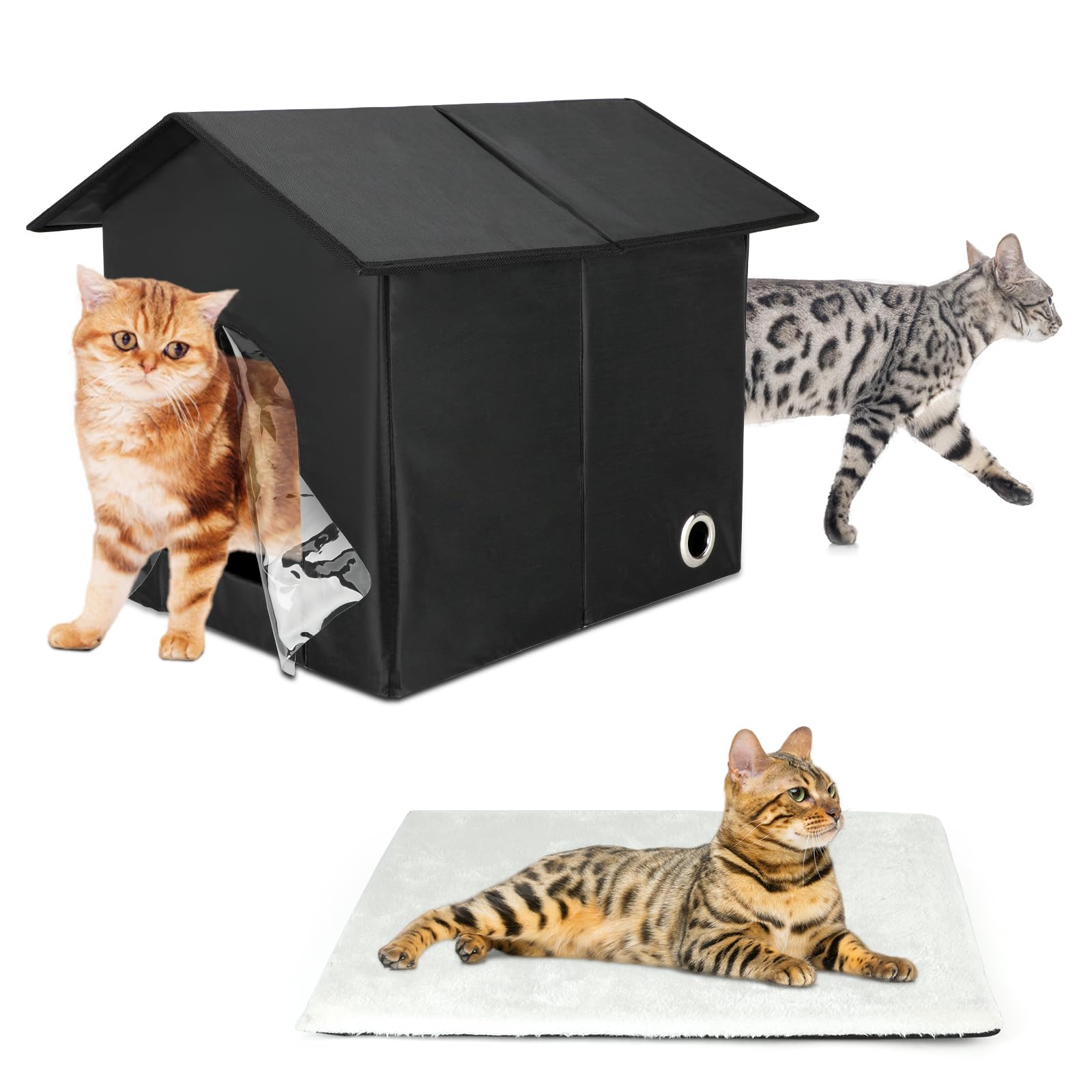 FHTONGE Maison Chat Extérieur Imperméable, Pliable Niche pour Chat Exterieur avec Coussin et Rideau Amovible, Cabane Chat Isolée pour Exterieur et Interieur Abri Chat pour Chats Animaux Errants