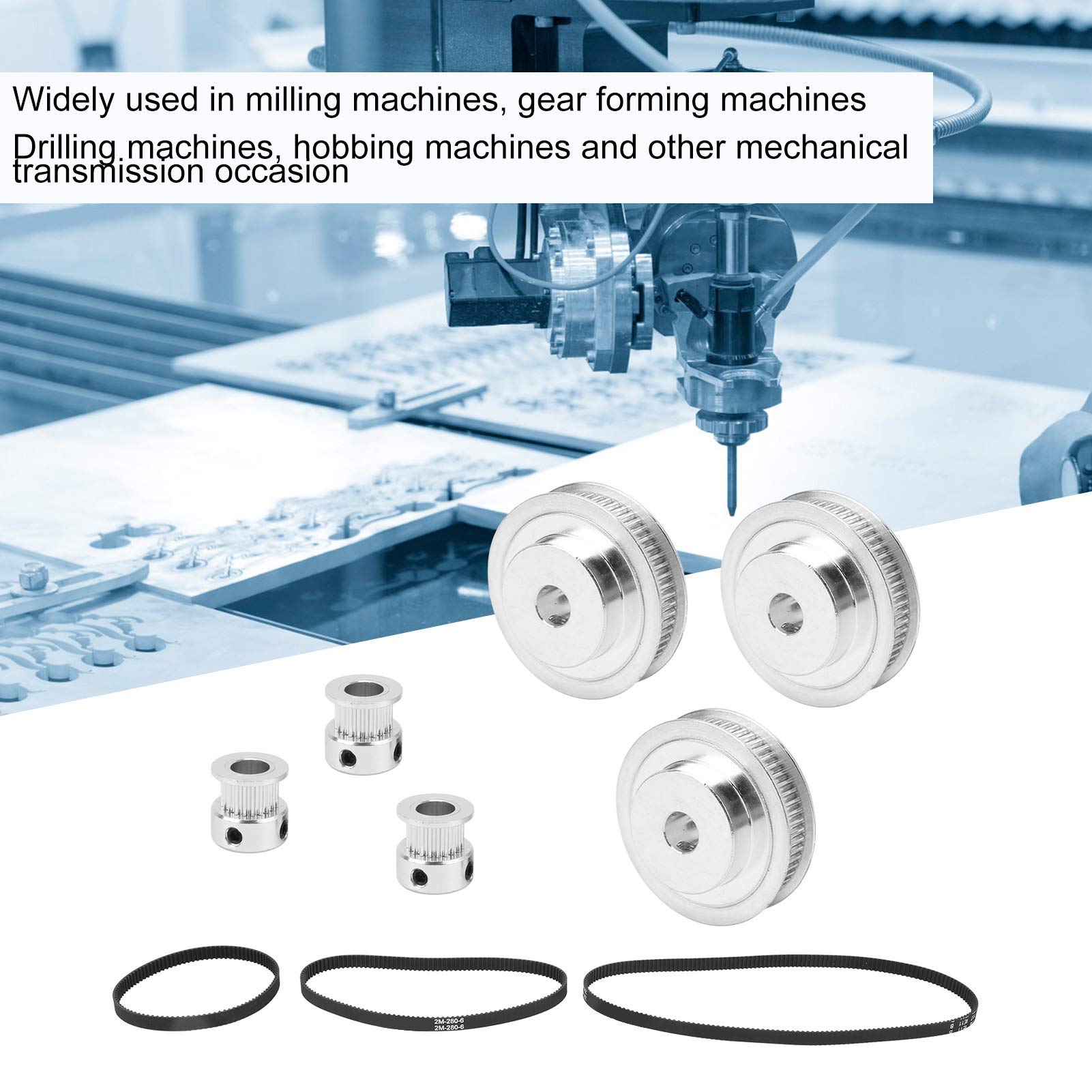 Poulies Dentées 20-60 Dents Alésage 8 avec Courroies 200-400mm | Engrenages en alliage d'aluminium oxydé, pour machines-outils, lot de 3 transmissions complètes, pour fraiseuses et perc