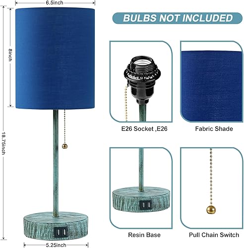 Miniatura 4 de Juego de 2 lámparas de mesa pequeñas con puertos USB, lámparas de mesita de noche azules con interruptor de cadena, lámparas de escritorio modernas
