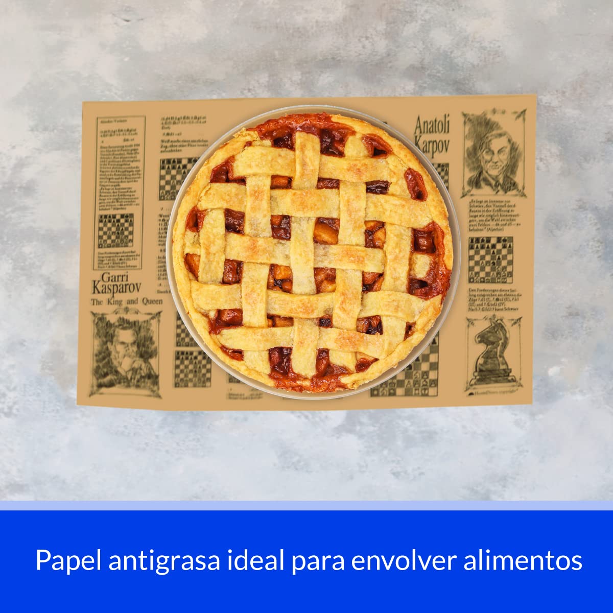 Hostelnovo Carta antigrasso per avvolgere alimenti - Confezione da 100 pezzi - 30 x 20 cm - Carta di giornale Kraft marrone - Design unico delle leggende di scacchi - Ideale per patate fritte