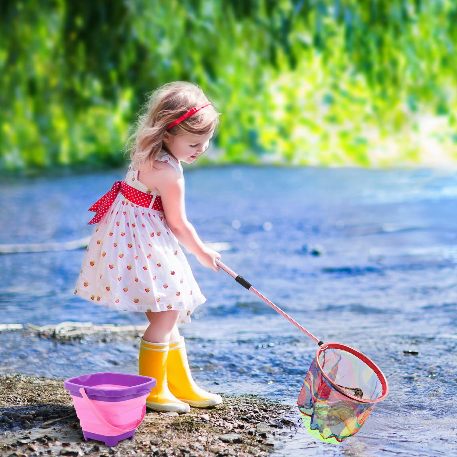Kids Fishing Net, 2 Pack Extendable Beach Nets with Aluminum Pole Handle, Telescopic Butterfly Net for Kids, Fish Net Crab Net Fishing Gear for Boy Girl Children