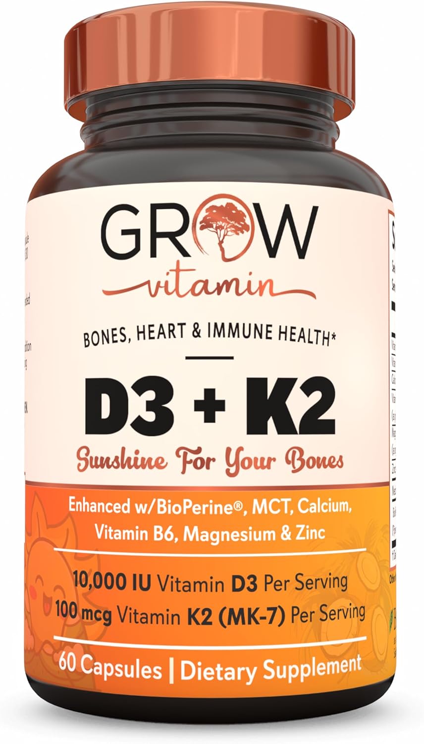 grow vitamin D3 K2 w/MCT Oil – 10,000 IU D3, 100 mcg K2 MK7, Calcium, Zinc, BioPerine, Magnesium for Superior Absorption – 60 Capsules