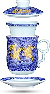 YURROAD Tea Cup with Infuser Lid and Saucer Sets - Jingdezhen Ceramics Mug Chinese Porcelain Teacup Loose Leaf Tea Brewing System for Home Office Personal Portable Mug TC400 - Blue, 13.5oz / 400ml