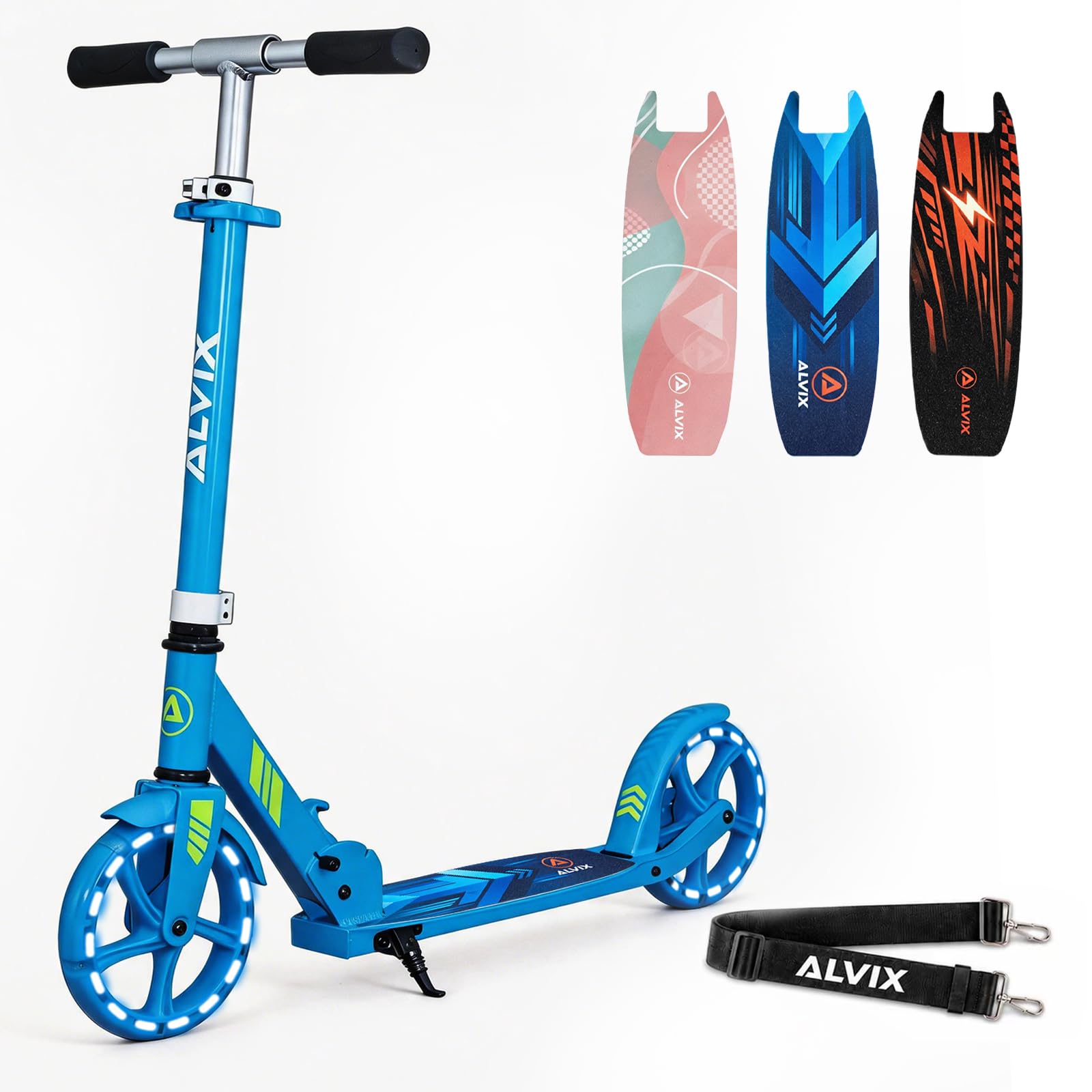 ALVIX Patinete infantil con ruedas LED, altura regulable a partir de 6 años, ruedas de 200 mm, patinete plegable con correa de transporte, plataforma ancha, hasta 100 kg