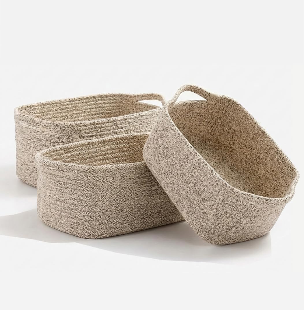 3-Pack Woven Storage Basket: Cotton Rope Basket Collapsible, Durable Material Organizer for Nursery Toy Storage 33cm x 23cm x 14cm Brown