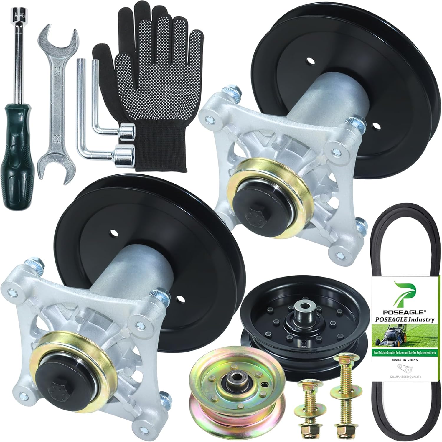 2 Pack Pre-Greased 587819701 Spindle Assembly Kit with 532195945 Spindle Pulley 532196106 532177968 Idler Pulley 584453101 Belt Replaces 187292 187281 532187281 587125401 587820301 587253301 2x187292+2x195945+1x196106+1x177968+BeltA106+Tools