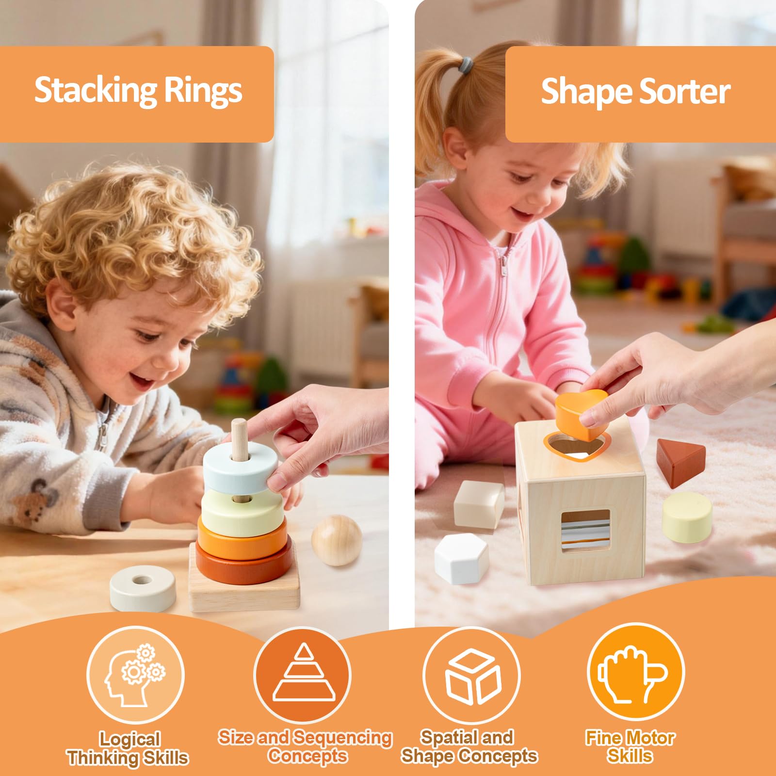 Juguetes Madera 5-en-1 para Bebe, Juguetes Montessori 1 Año con Torre Apilable, Instrumentos Musicales Niños, Motricidad Fina, Juguetes Sensoriales Educativos Montessori, Regalo 1 2 3 Años