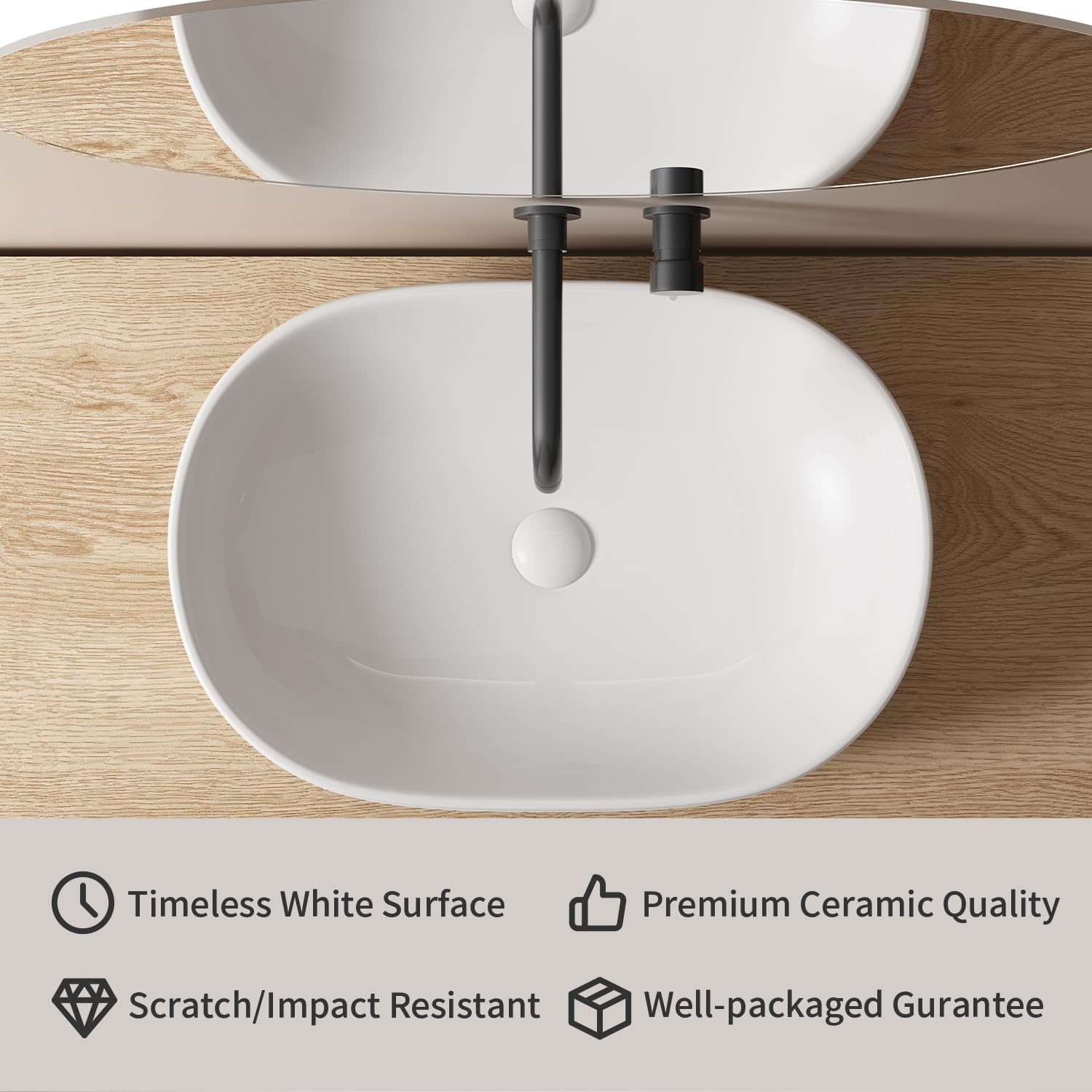 Fregaderos grandes para baño, 24 x 16 pulgadas, ovalados sobre el mostrador, lavabo de porcelana blanca de cerámica para baño, fregadero moderno de encimera, lavabo de tocador, lavabo