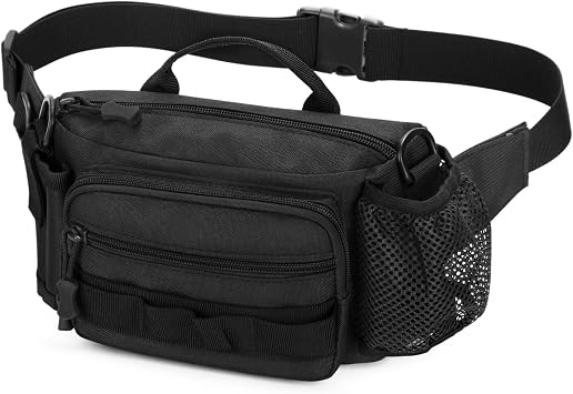 Huntvp Bumbag Tactical Waist Bag with Bottle Holder, Waist Fanny Pack Belt Crossbody Chest Bum Bags for Men and Ladies Hiking, Camping, Cycling, Running, Dog Walking Black
