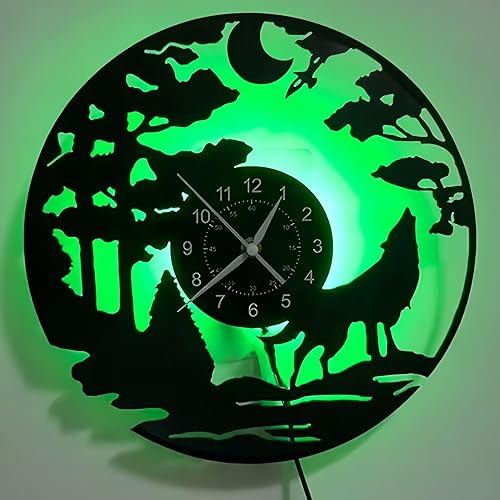 Reloj de pared LED de disco de vinilo, tema de lobo con luces que cambian de color, decoración moderna del hogar de 12 pulgadas, control remoto
