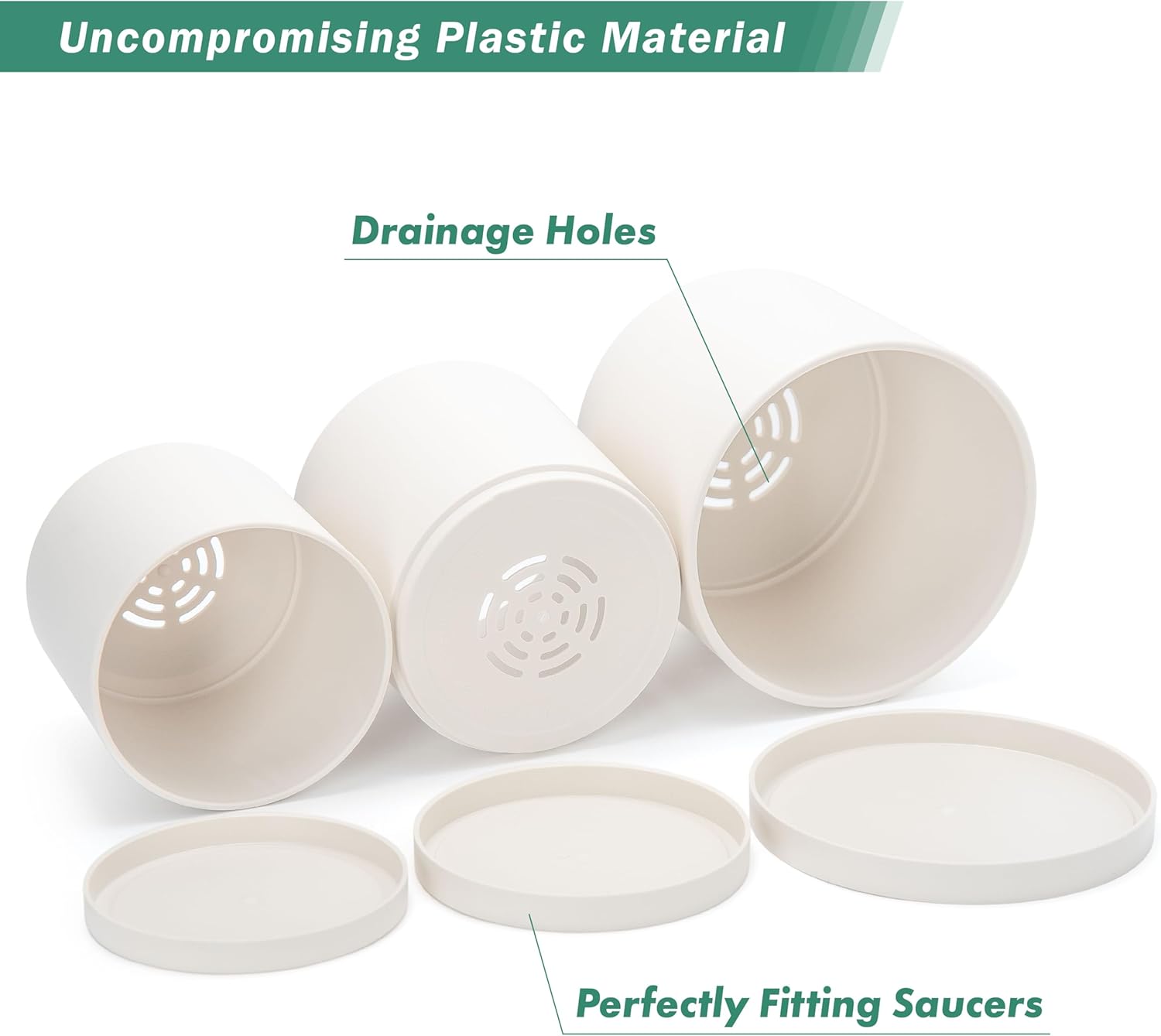 D'vine Dev 6 Inch 6.5 Inch 8 Inch, Set of 3 Plastic Planter Pots for Plants with Drainage Hole and Seamless Saucers, Oatmeal, Medium, 74-V-H-3