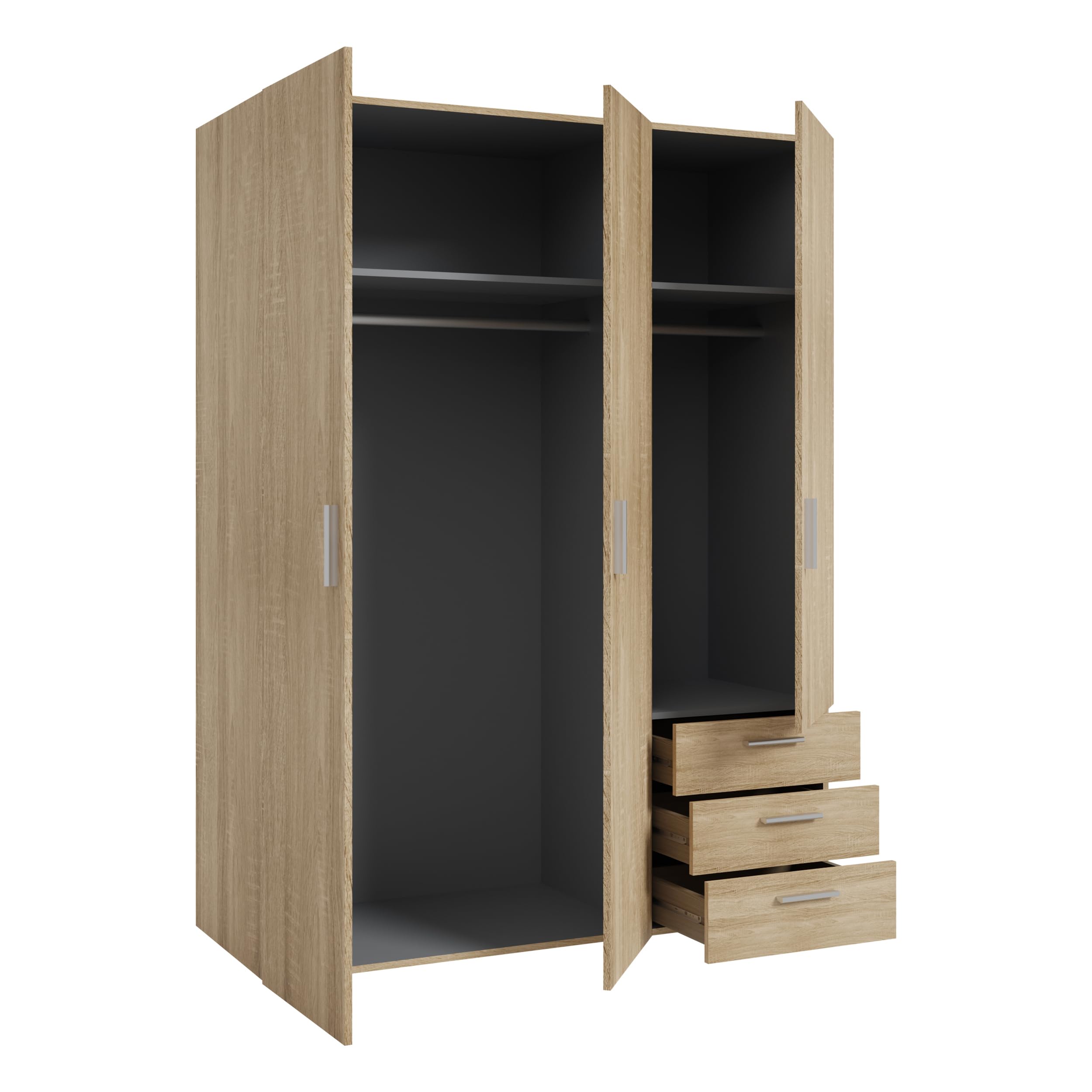 Forte Armario clásico Brooklyn 140 con 3 Puertas y 3 cajones, Madera de Roble Sonoma, 139,4 cm de Ancho, 185 cm de Alto, 54,2 cm de Profundidad