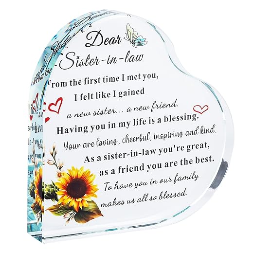 YWHL Sister in Law Birthday Gifts, Unbiological Sister Gift, Heart Shape Glass Keepsake Decor Anniversary Wedding Gifts for Sister In Law, Thanksgiving Christmas Gift